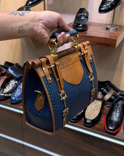 Navy Blue And Medium Brown Handbag