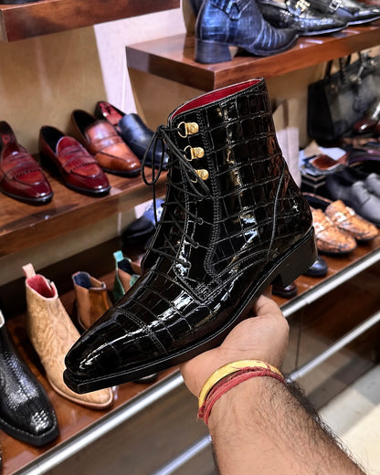 Goodyear Welted Black Patent Croco Derby Cap Toe Boots