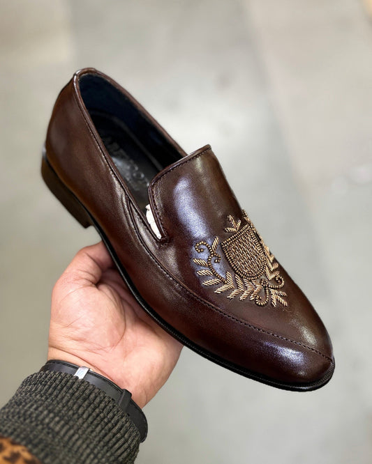 Brown Leather Hand-embroidered Loafers