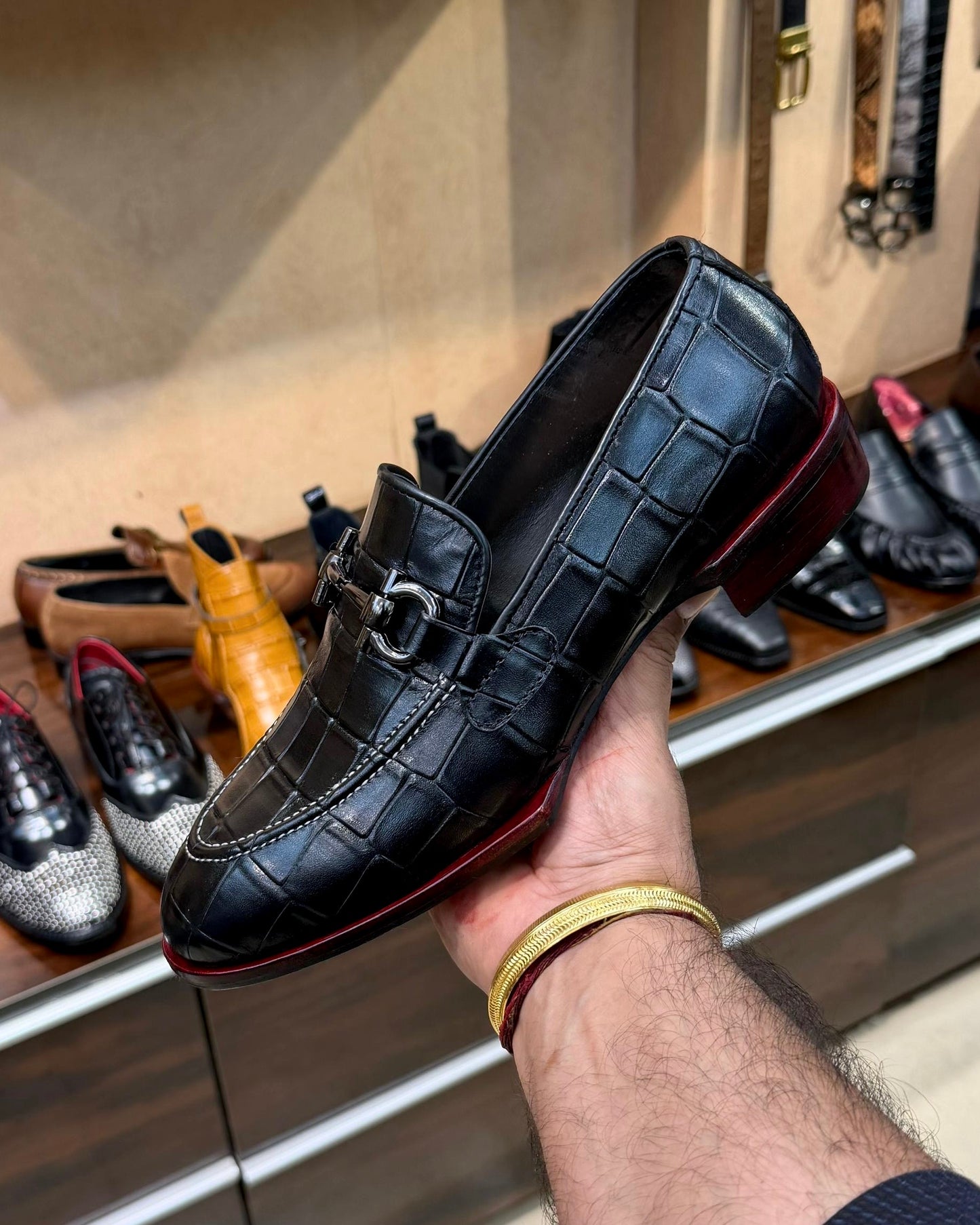 Black Deep-cut Croco Red Italian Cut Sole Horsebit Loafers