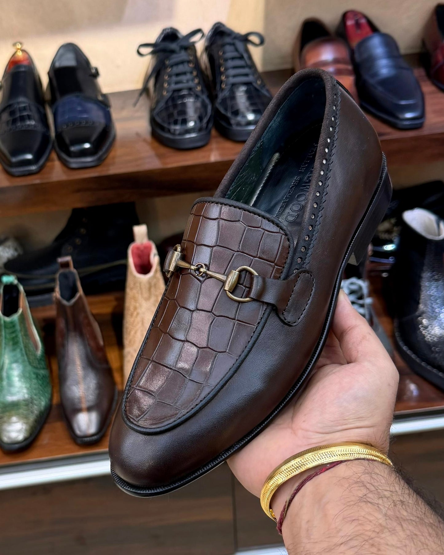 Coffee Brown Crocodile Scaled Antique Horsebit Loafers