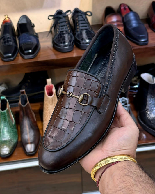 Coffee Brown Crocodile Scaled Antique Horsebit Loafers
