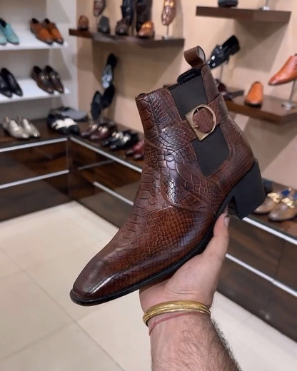 Burnished Cobra Scaled High-heel Chelsea Boots