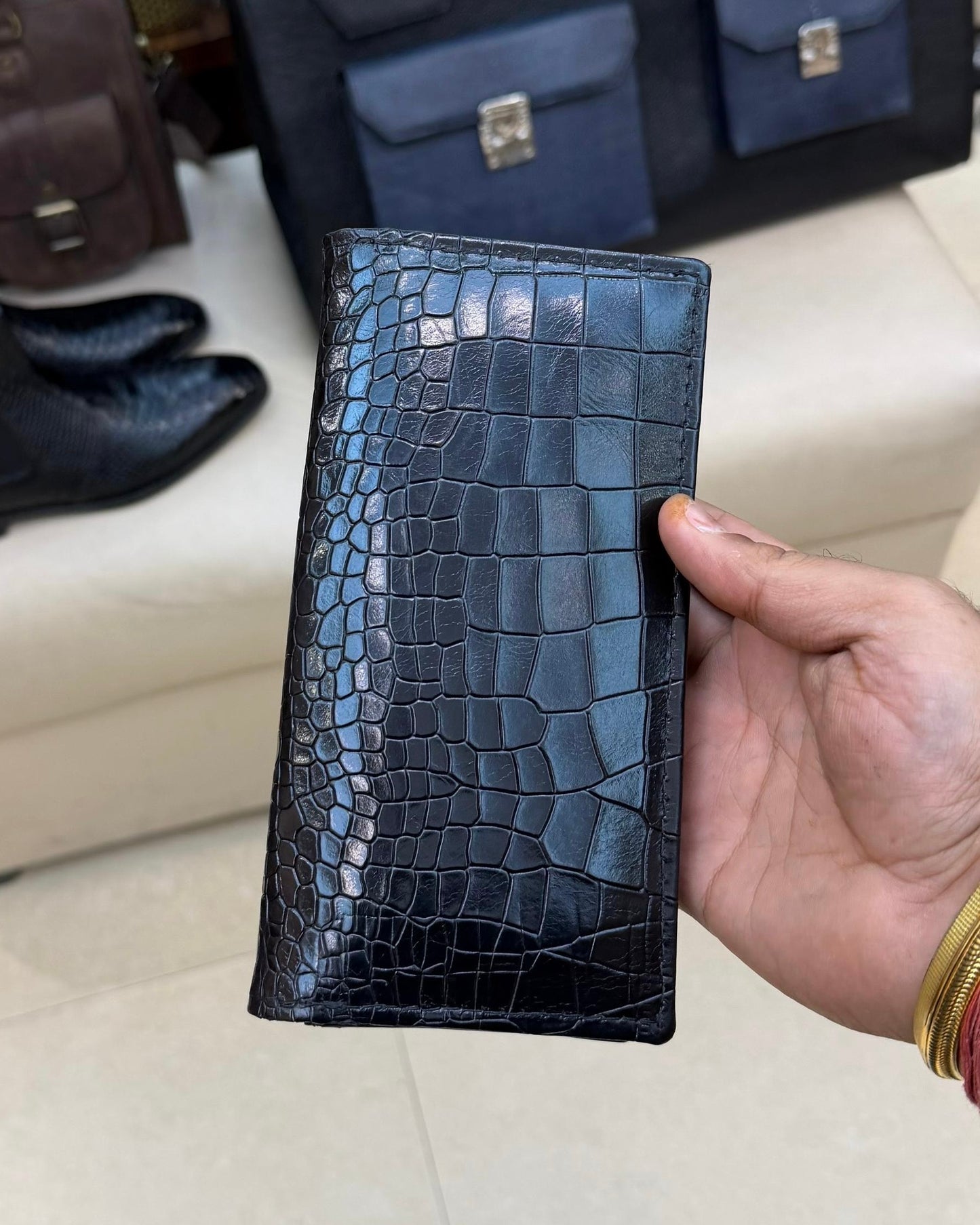 Black Crocodile Scaled Long Wallet