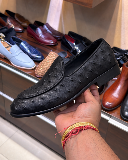 Black Real Ostrich Skin Belgian Loafers