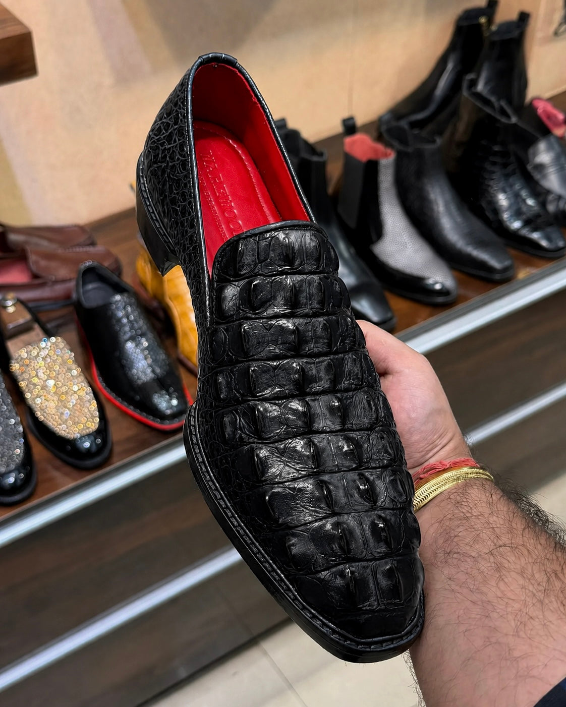 Exotic Black Alligator Scaled Loafers With Red Interior