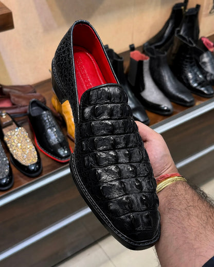 Exotic Black Alligator Scaled Loafers With Red Interior