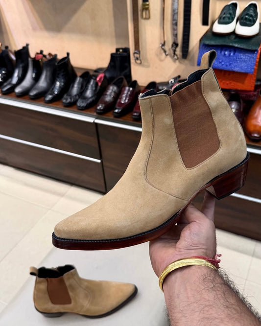 Camel Suede Cuban Heel Chelsea Boots with Brown Cuban Heel