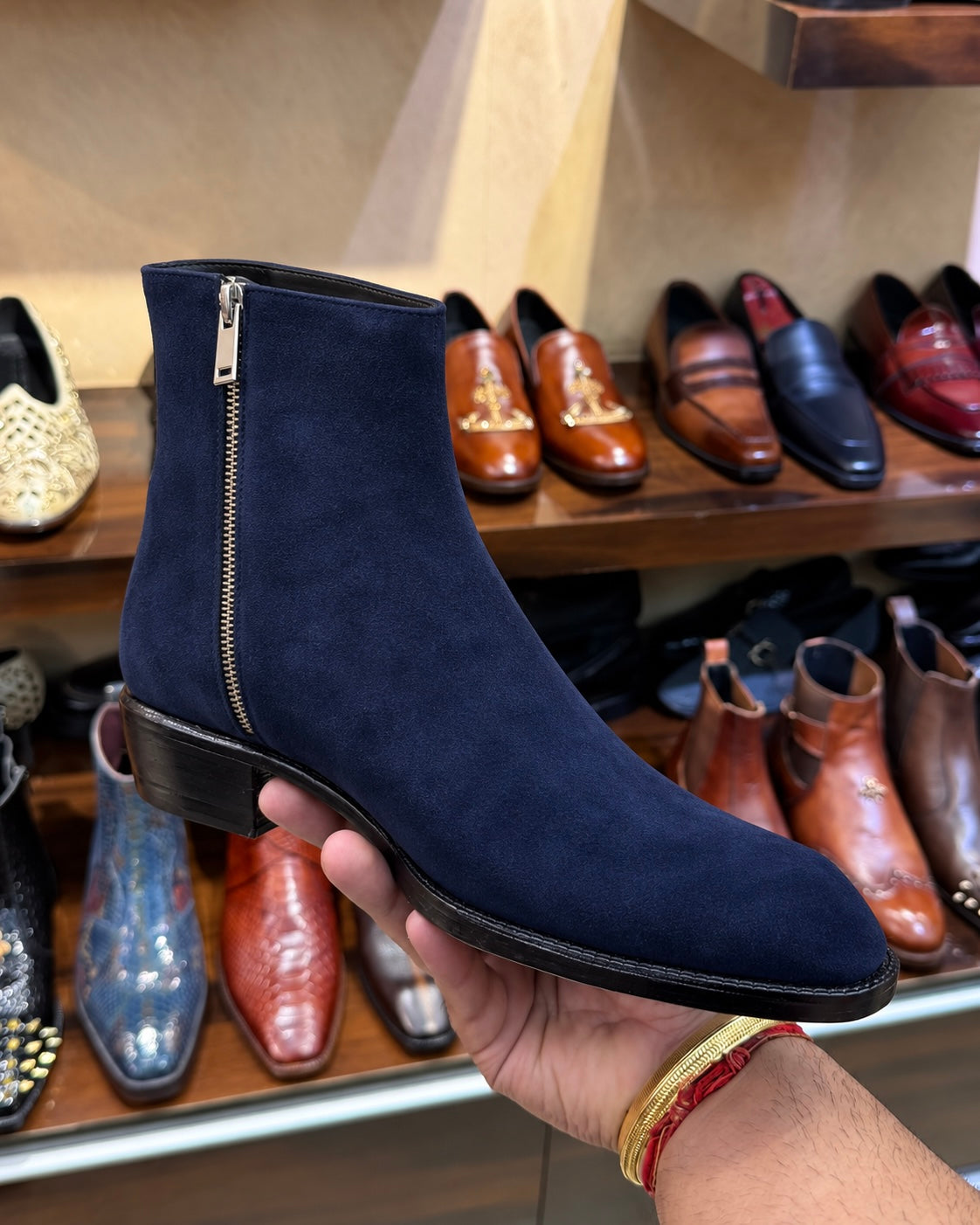 High-top Navy Blue Suede Boots With Cuban Heel