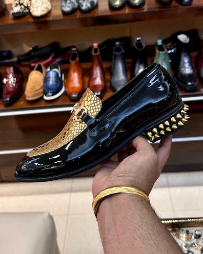 Black Patent & Gold Snake Foil Studded Heel Loafers