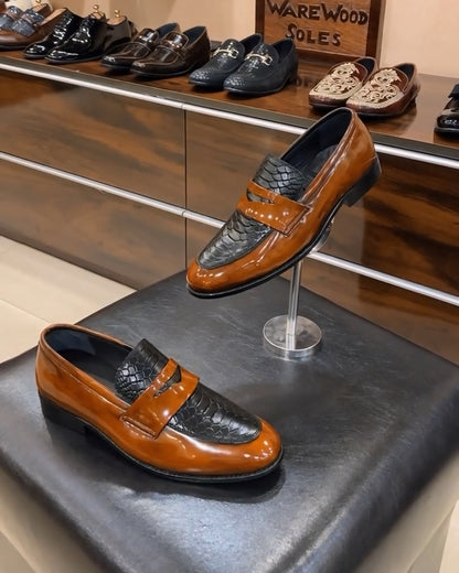 Tan Patina Cobra Scaled Spectator Moccasins