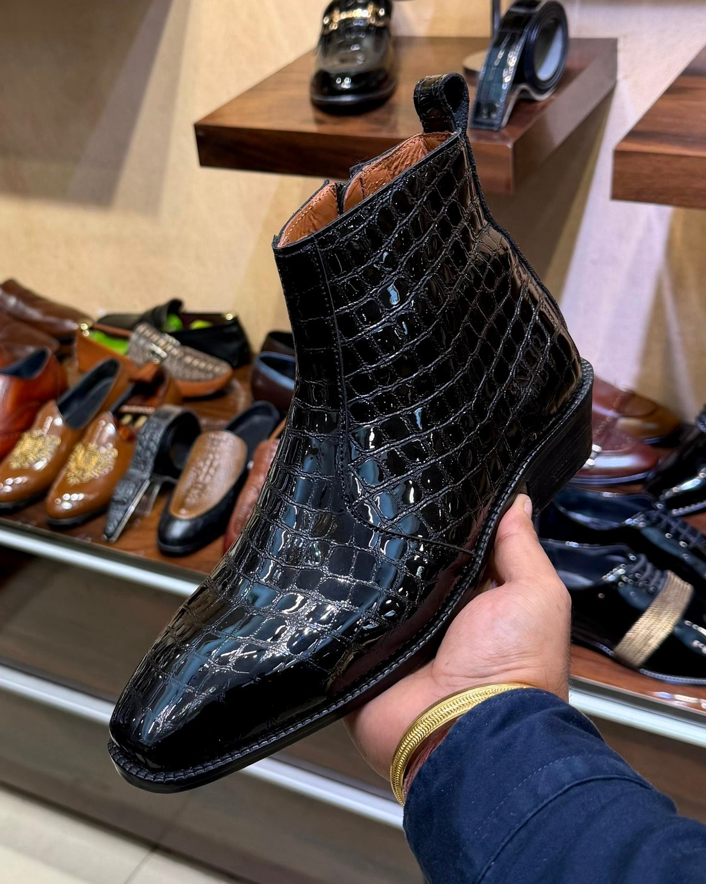 Black Patent Crocodile Scaled Zip Boots with Cuban Heel