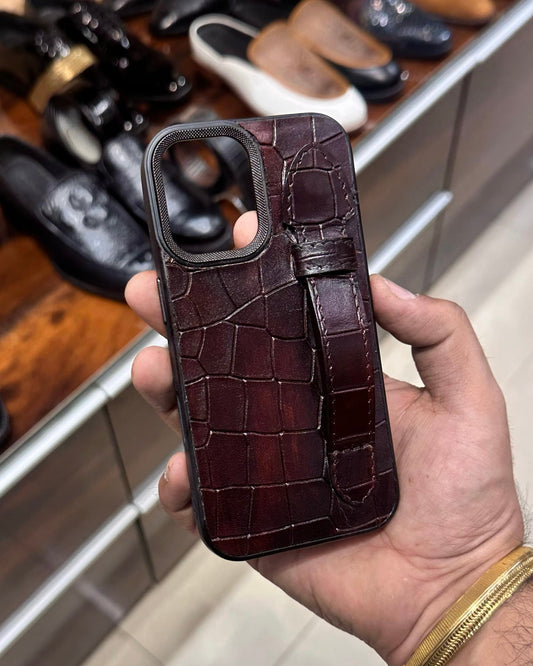 Burnished Brown Crocodile Leather Mobile Cover With Holding Finger