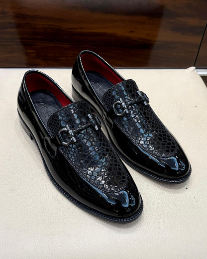 Black Patent & Snake Foil Leather Horsebit Loafers with Red Lining
