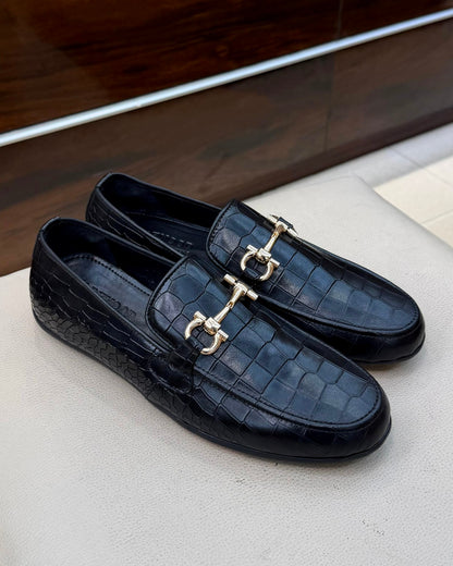 Black Crocodile Scaled Horsebit Driving Loafers