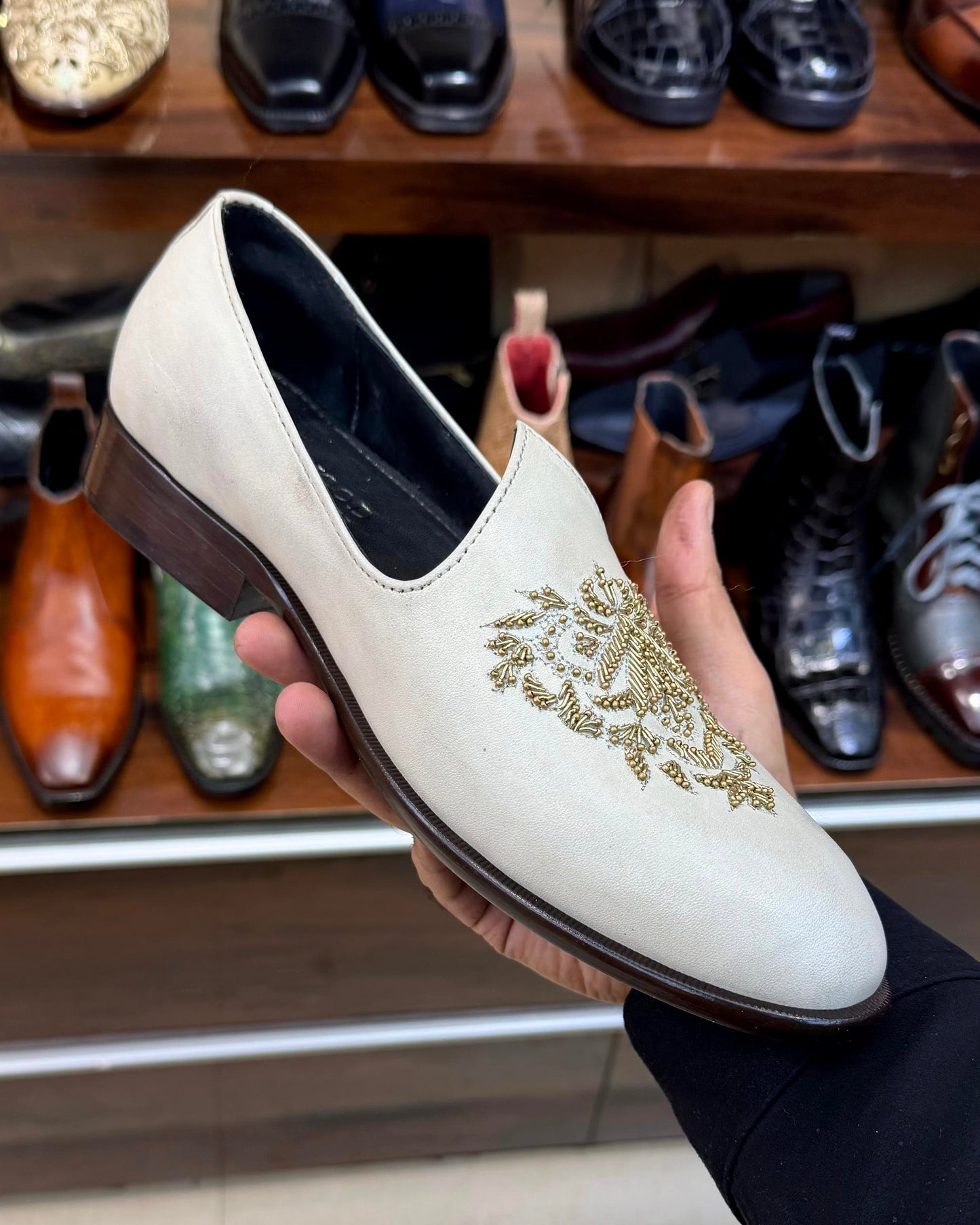 Ivory Crust Leather Hand-embroidered Mojaris with Brown Sole