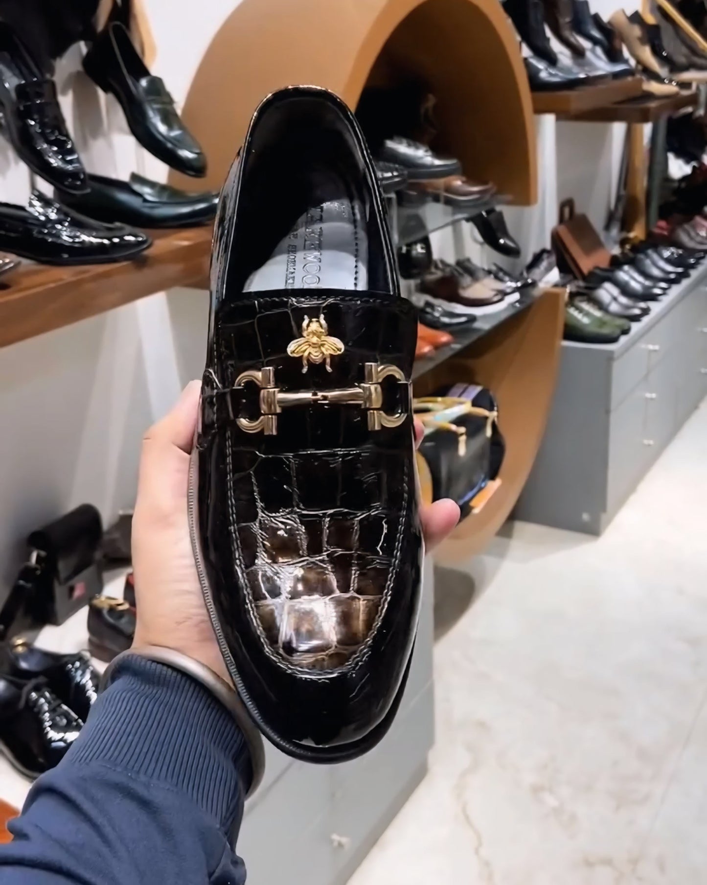 Luxe Edition Smokey Patent-Croc Moccasins with Bee