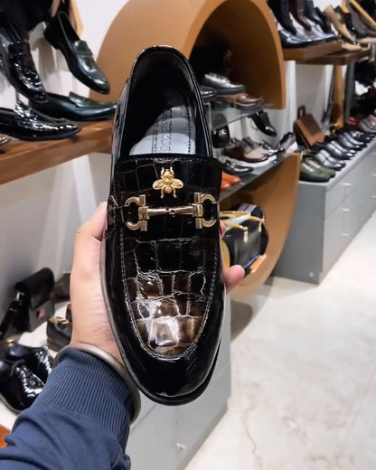 Luxe Edition Smokey Patent-Croc Moccasins with Bee