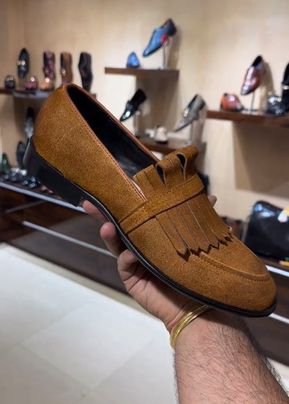 Burnt Tan Suede Fringe Moccasins