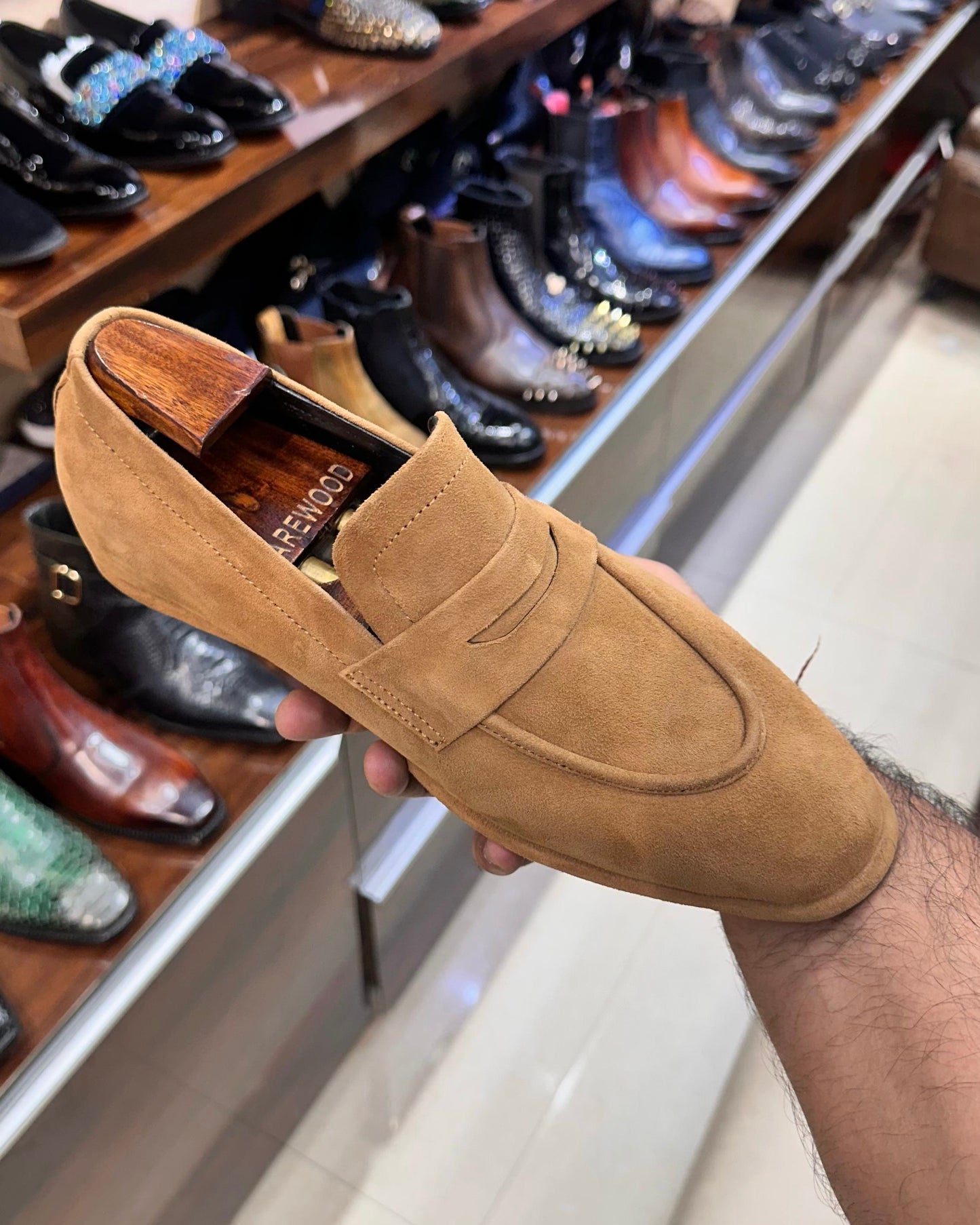 Beige Suede Penny Loafers with Flat Leather Sole