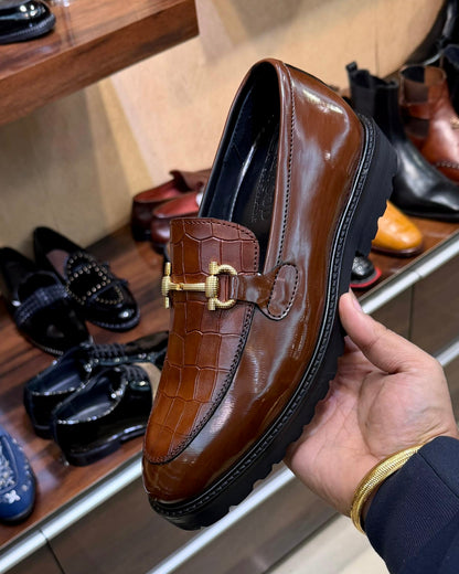 Warm Walnut Brown Croco Textured Horsebit Loafers with Lug Sole