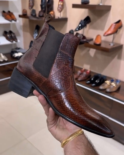 Burnished Cobra Scaled High-heel Chelsea Boots