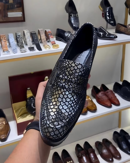 Exotic Grey Snake Foil Boot-sole Penny Moccasins
