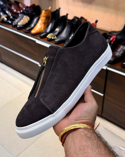 Dark Brown Suede Low-top Sneakers with Gold Zip