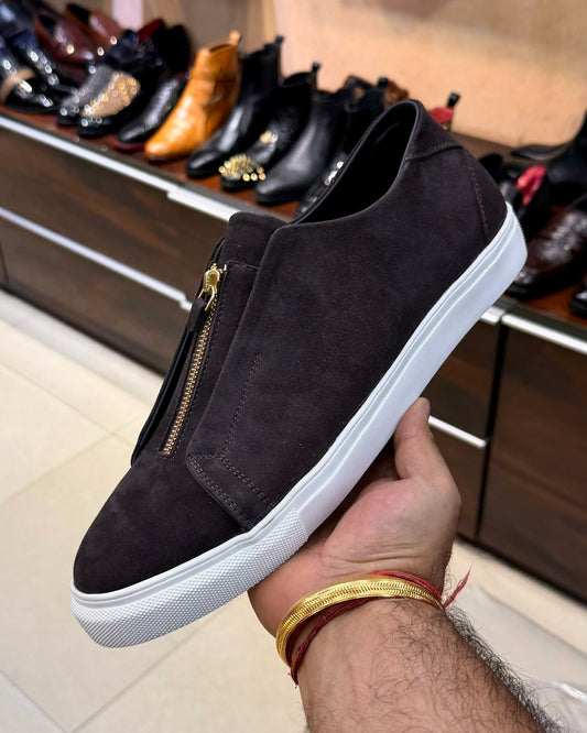 Dark Brown Suede Low-top Sneakers with Gold Zip