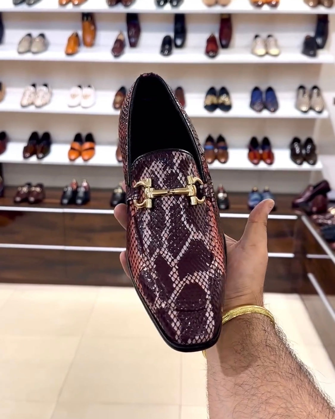 Exotic Mirror Gloss Snake Moccasins with Gold Buckle