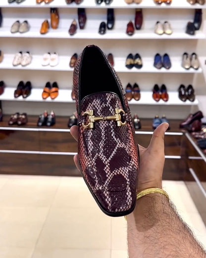 Exotic Mirror Gloss Snake Moccasins with Gold Buckle