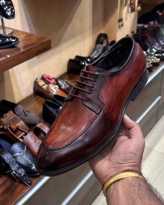 Burnished Brown Patina Split Toe Derby Shoes