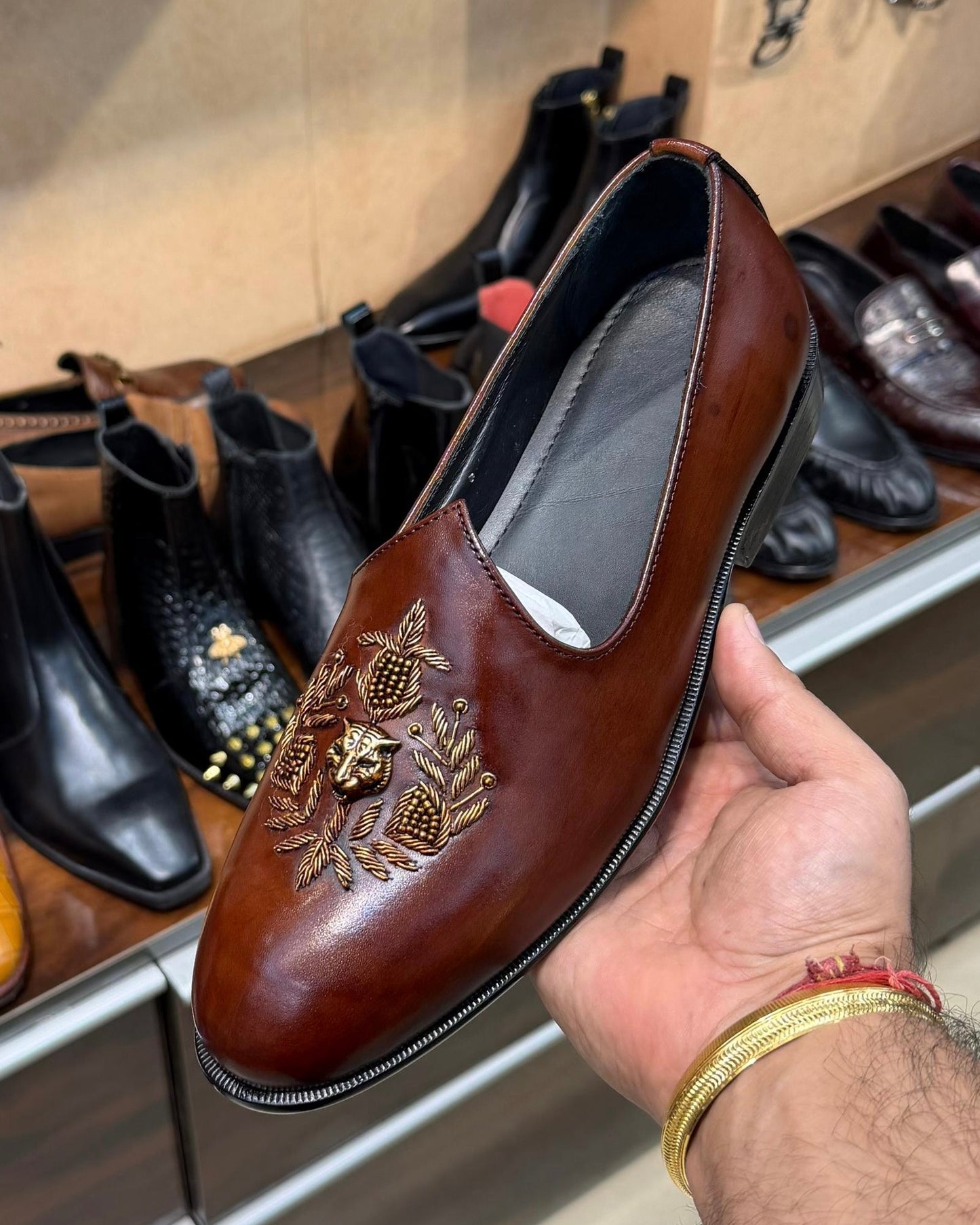 Chestnut Brown Patina Gold Hand-embroidered Mojaris