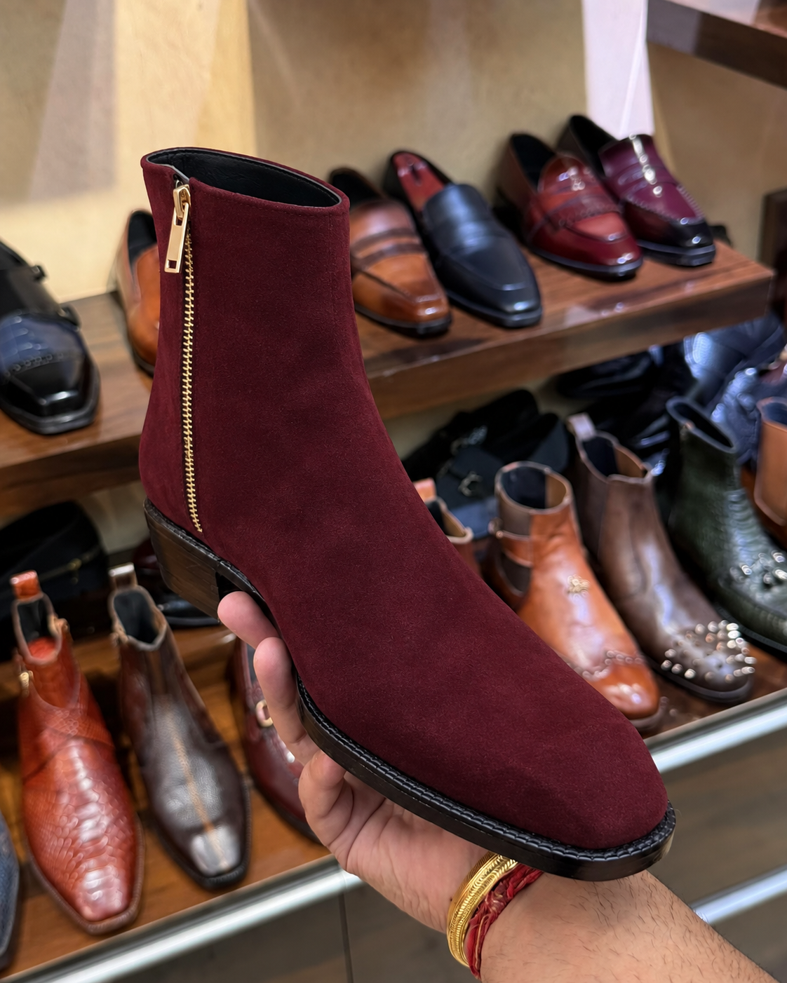 High-top Burgundy Suede Boots With Cuban Heel