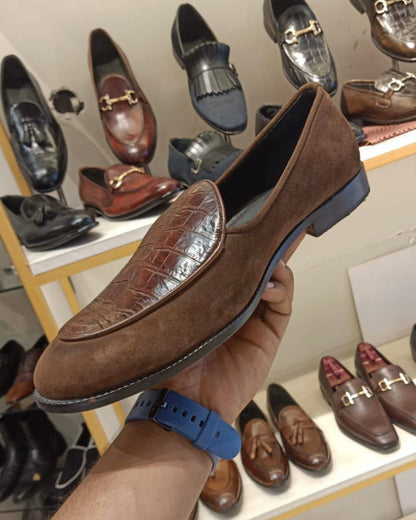 Mud Brown Suede Croco Belgian Loafers