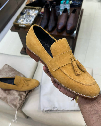 Tan Suede Tassel Loafers with Wood Sole