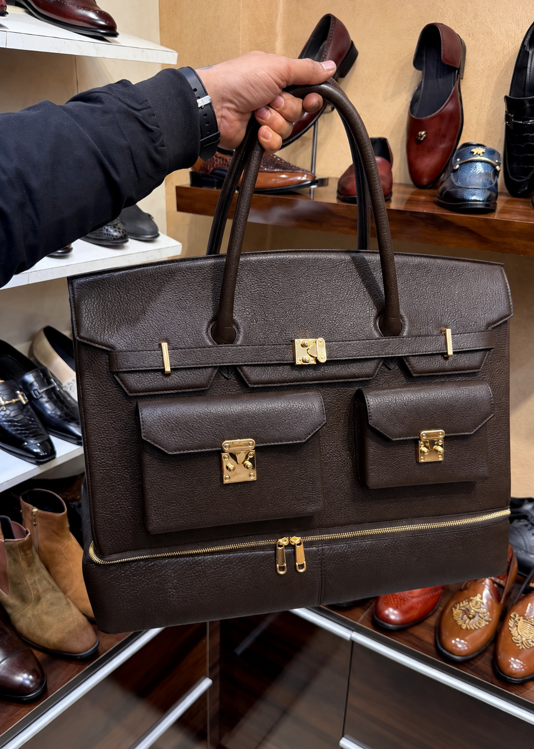 Dark Brown Full Grain Leather Travel Bag with Bottom Shoe Compartment
