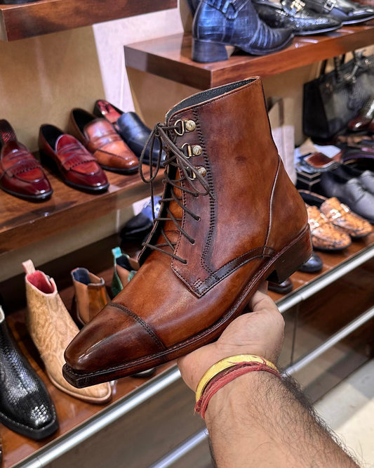 Burnished Brown Patina Derby Cap Toe Boots - Goodyear Welted