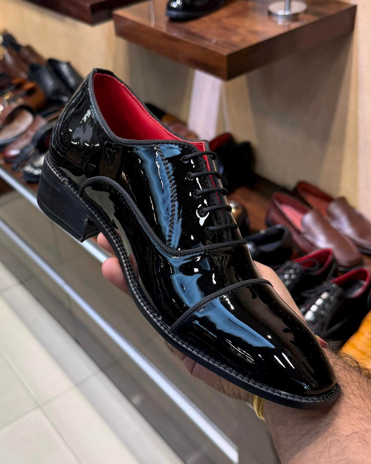 Black Patent Leather Cap Toe Oxfords with Red Bottom Sole