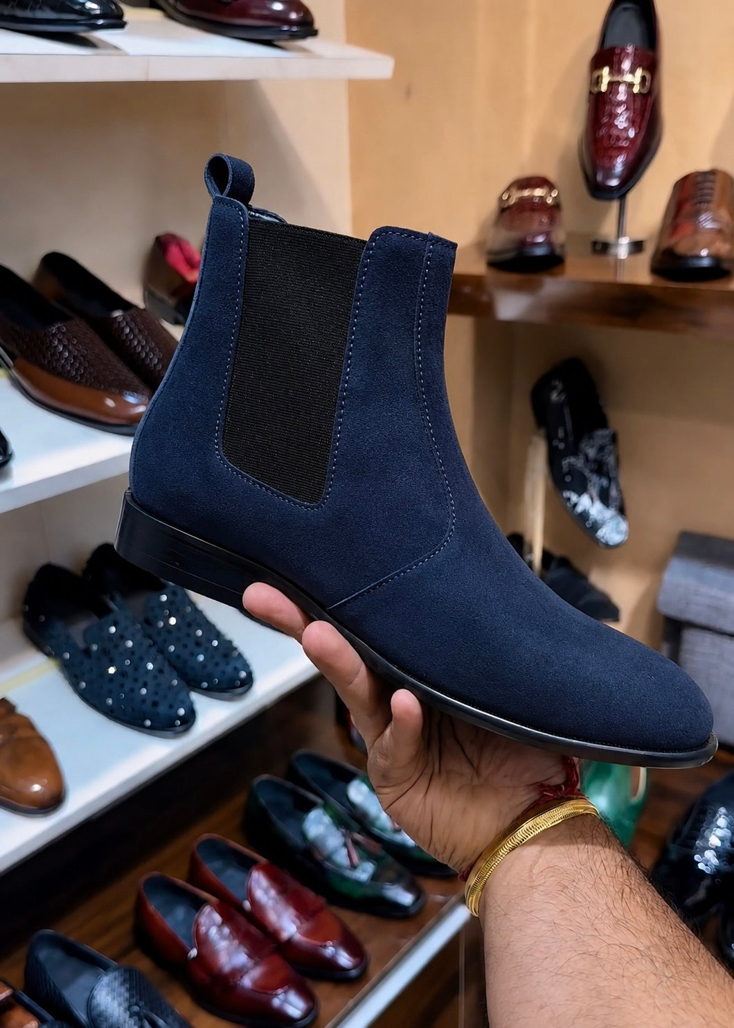 Navy Blue Suede Chelsea Boots