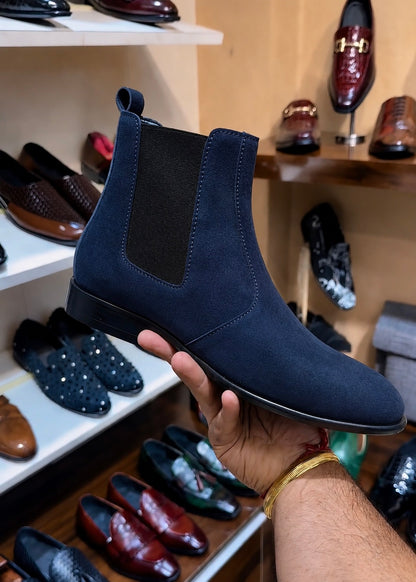 Navy Blue Suede Chelsea Boots