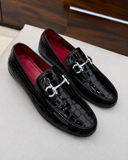 Black Patent Crocodile Horsebit Driving Loafers
