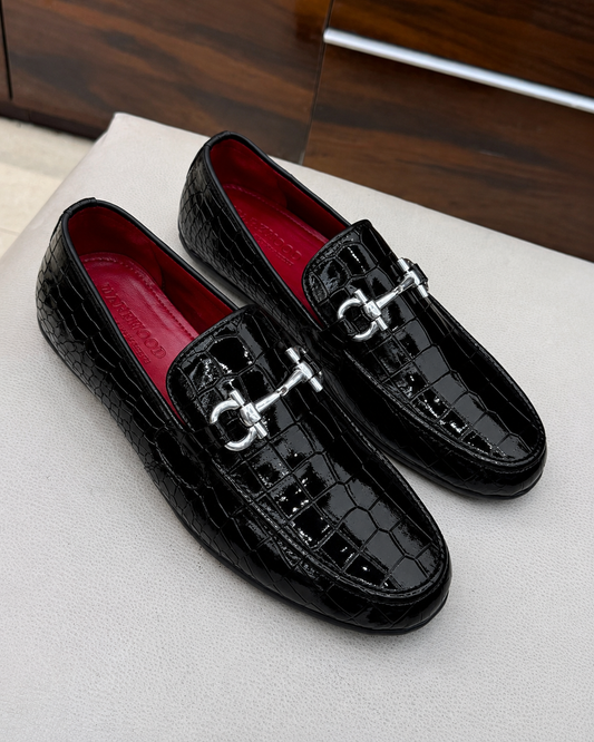 Black Patent Crocodile Horsebit Driving Loafers