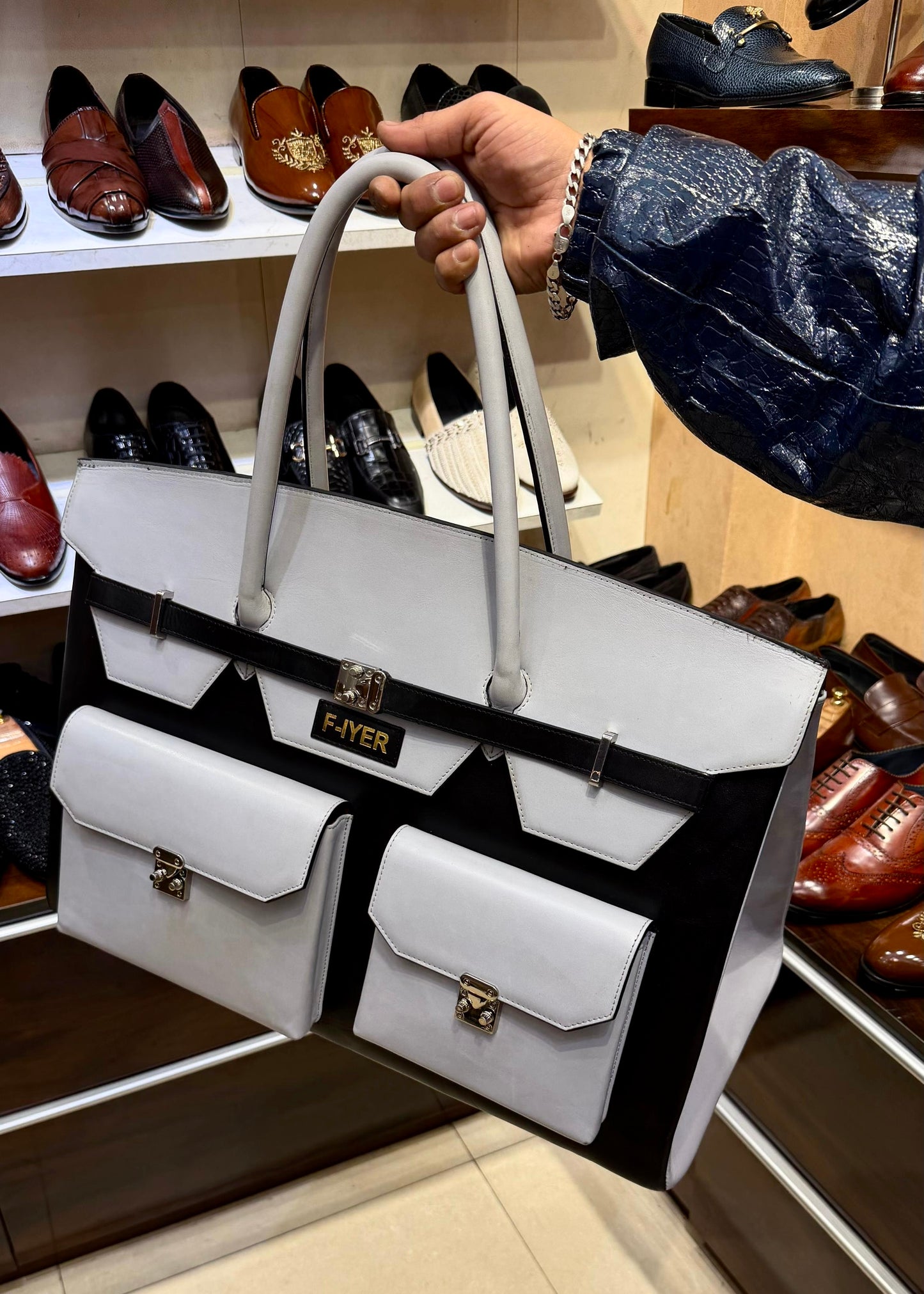 Custom Grey & Black Calfskin Leather Duffel Bag