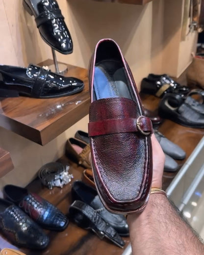 Wine Natural Grain Leather Single Monk Loafers with Leather Sole