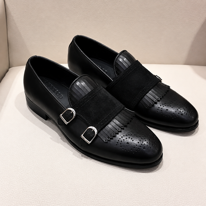 Black Calfskin Leather & Black Suede Fringe Double Monk Strap Loafers