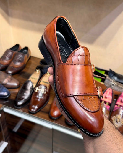 Tan Croco Patina Double Monk Loafers
