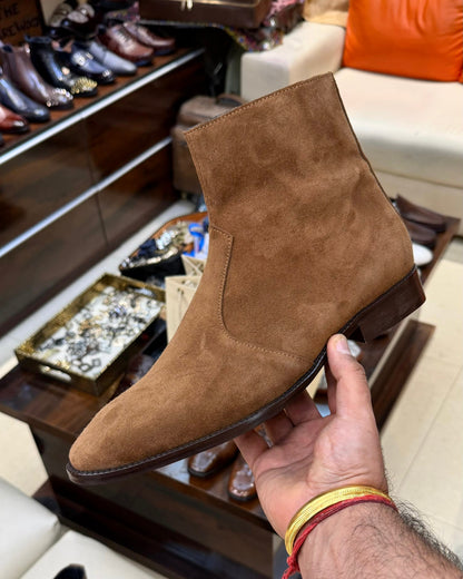 Desert Tan Suede Zip Boots with Brown Sole