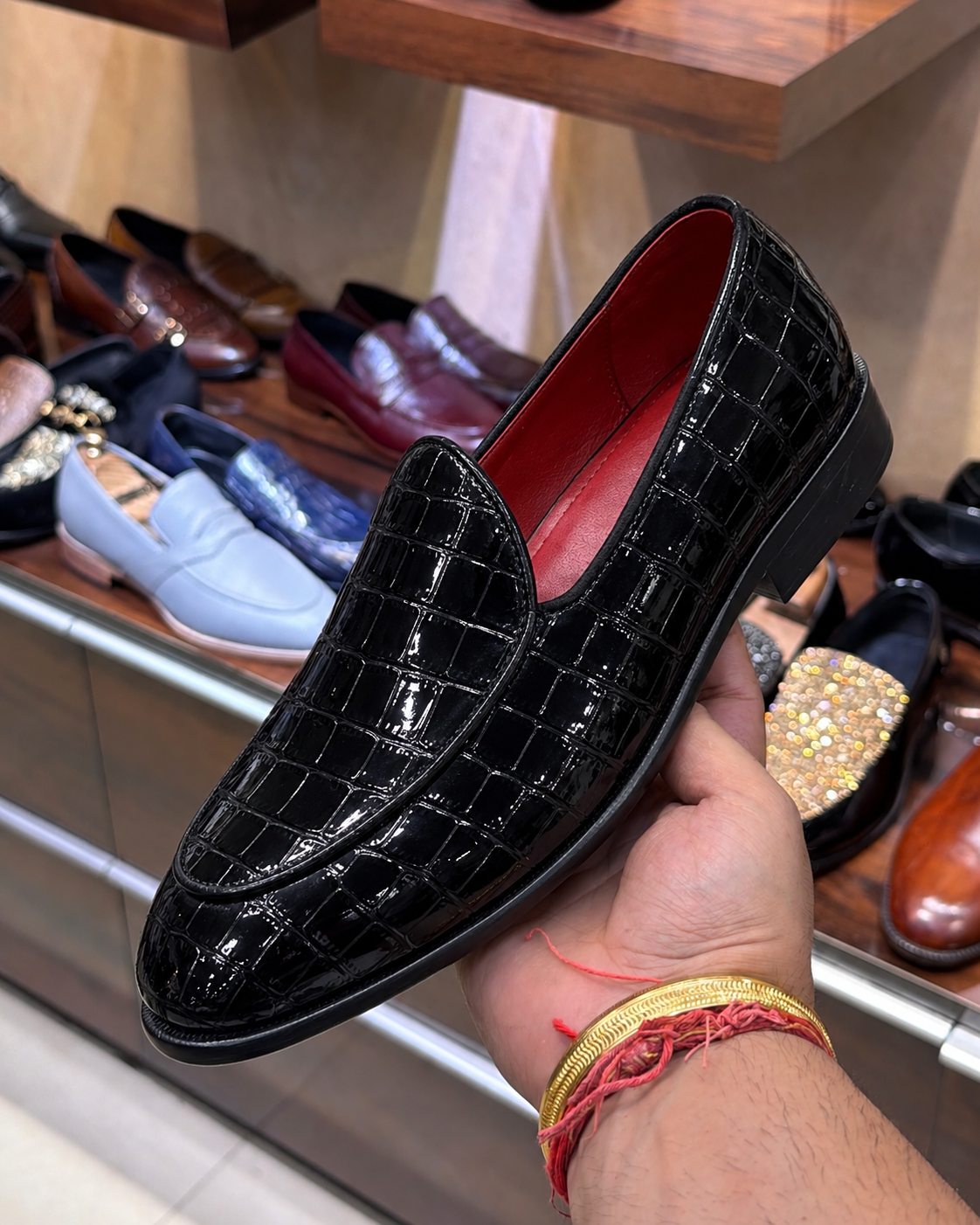 Black Patent Croco Belgian Loafers With Red Interior