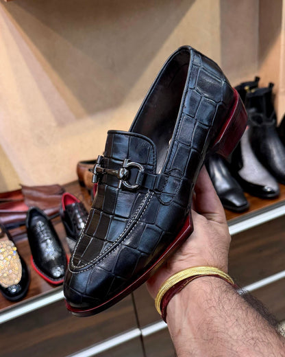 Black Deep-cut Croco Red Italian Cut Sole Horsebit Loafers